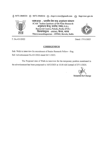 Corrigendum for Walk-in-Interview-SRF-IIOPR, RC